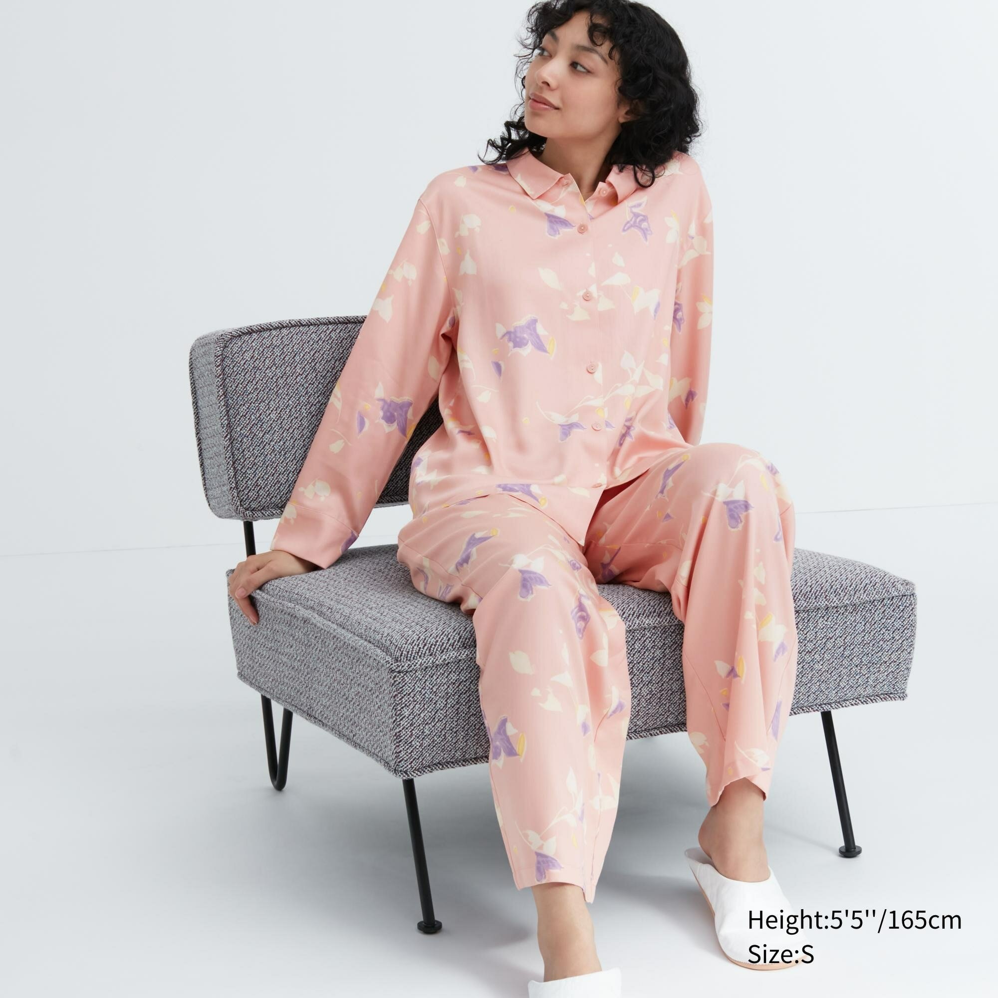 Узорчатая атласная пижама с длинными рукавами, розовый, XXS - фотография № 1
