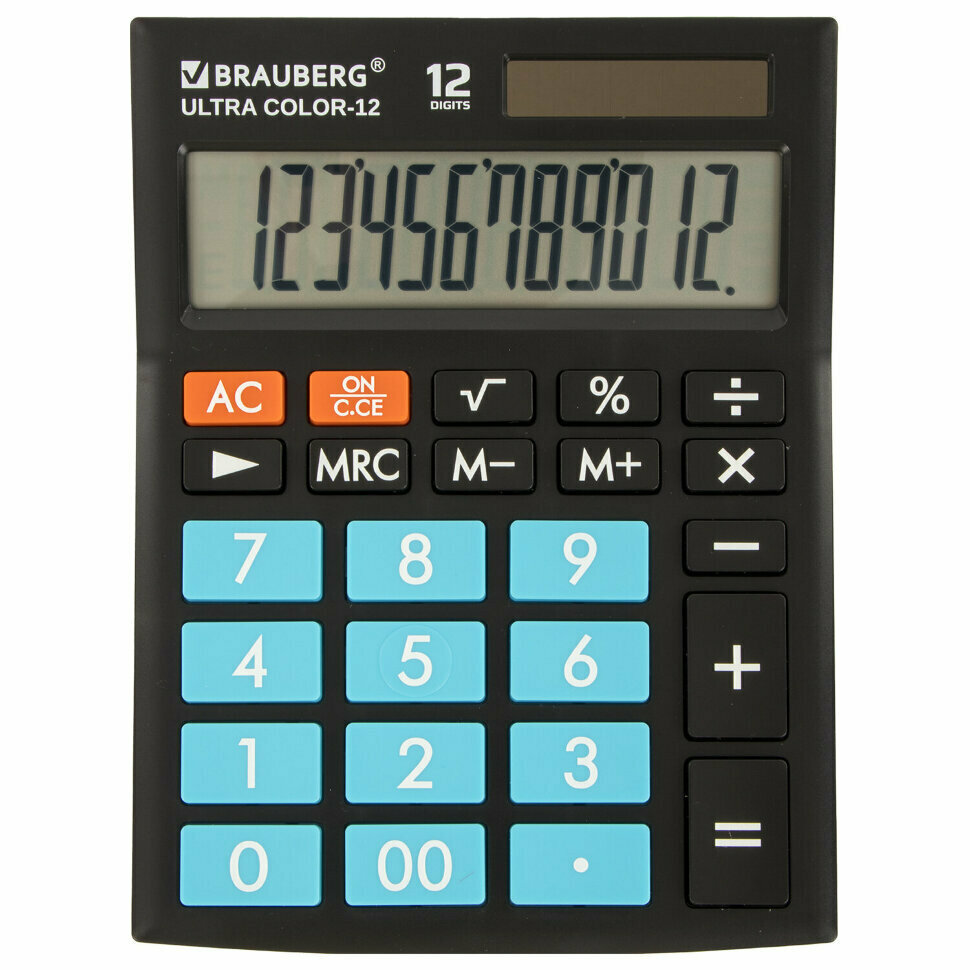 Калькулятор настольный BRAUBERG ULTRA COLOR-12-BKBU (192x143 мм), 12 разрядов, двойное питание, черно-голубой, 250497, 250497