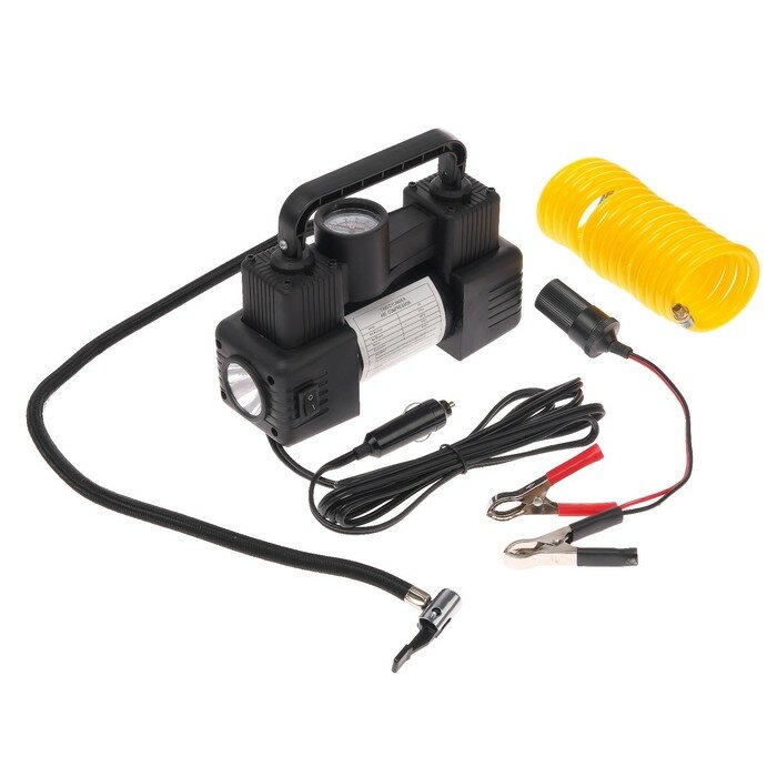 фото Компрессор автомобильный двухпоршневой, 12В, фонарь, 40 л/мин, сумка, черный