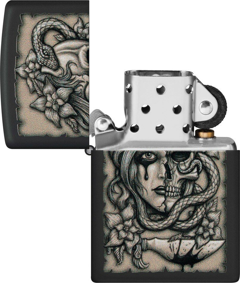 Зажигалка ZIPPO Gory Tattoo с покрытием Black Matte, латунь/сталь, черная, матовая, 38x13x57 мм - фотография № 4