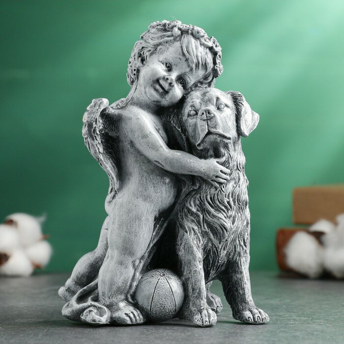 Фигура Ангелочек с собакой серый камень, 12х10х17см