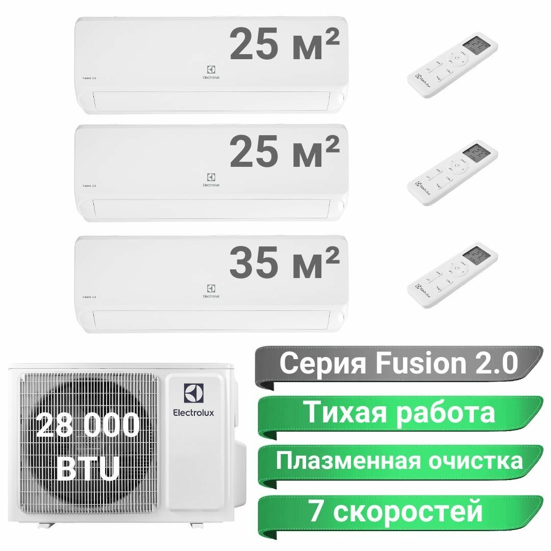 Инверторная мульти сплит-система ELECTROLUX FUSION 2.0 на 3 комнаты (25м2 + 25м2 + 35м2), 28 000 BTU, комплект, белый - фотография № 1