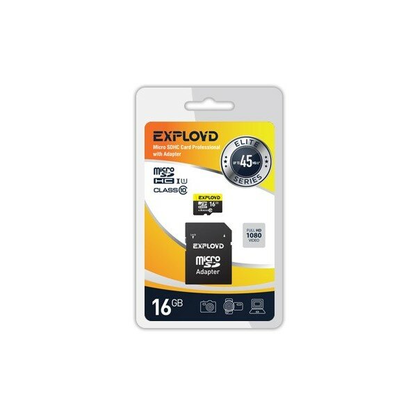 Карта памяти microSDHC 16Gb Exployd, Class10, UHS-1 Elite SD 45 MB/s, с адаптером