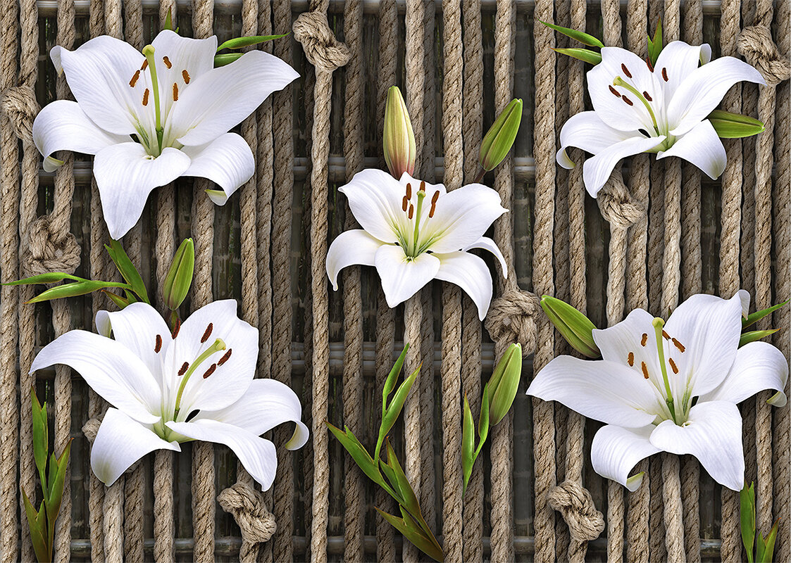 Моющиеся виниловые фотообои Белые лилии джут, 211х150 см