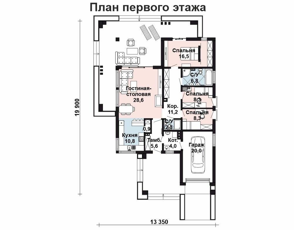 (123м2, 20х13м) Готовый проект одноэтажного дома из газобетона с гаражом и 3 спальнями - AS-2638 - фотография № 3