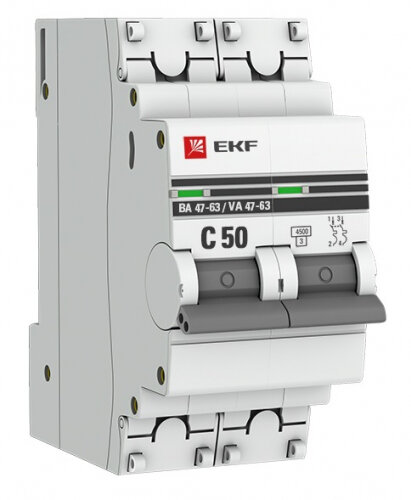 Автоматический выключатель EKF 2п C 50А 4.5кА ВА 47-63 PROxima, mcb4763-2-50C-pro