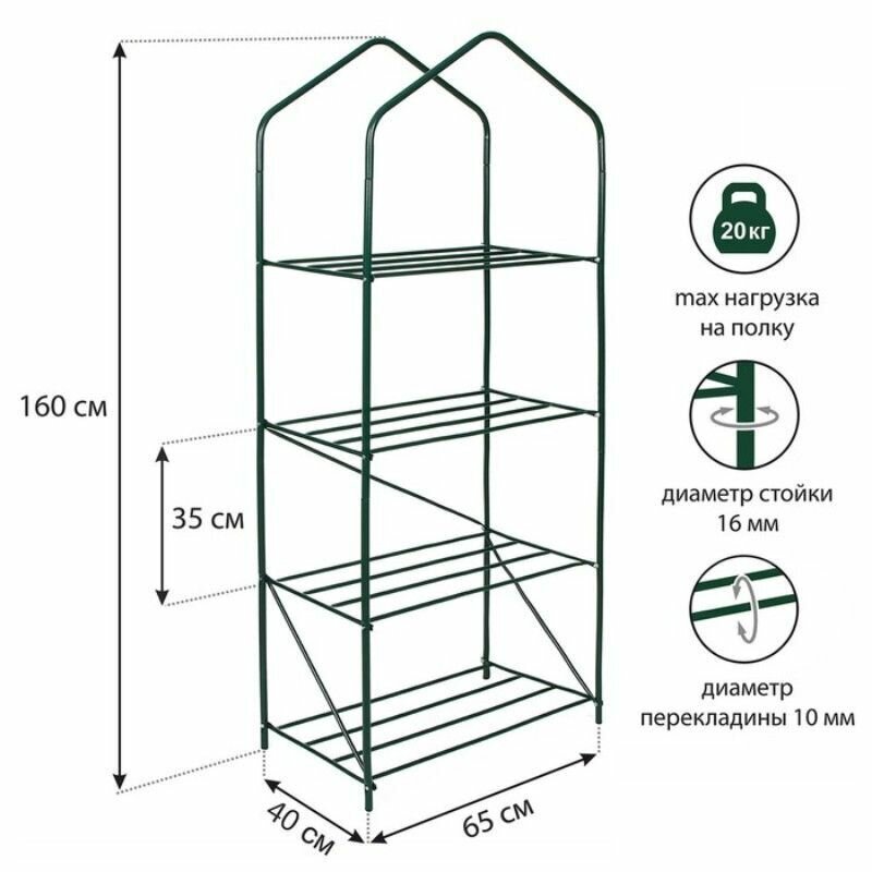 Парник-стеллаж, 4 полки, 160 х 65 х 40 см, металлический каркас d 16 мм, чехол из спанбонда 60 г/м - фотография № 2