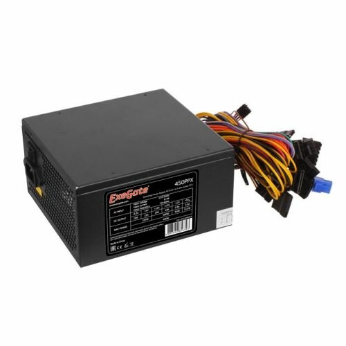 Блок питания ATX Exegate 450PPX EX221640RUS 450W RTL, black, APFC, 14cm, 24p+(4+4)p, PCI-E, 4*IDE, 5*SATA, FDD