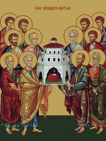 Икона на дереве ручной работы - Собор 12 апостолов, 15x20x1,8 см, арт Ид4923 - фотография № 1