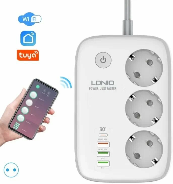 LDNIO SEW3452/ Сетевой удлинитель 2м/ Wi-Fi упр./ 3 розетки/ 4 USB: QC 3.0/ PPS/ PD 3.0 30W/ White - фотография № 3