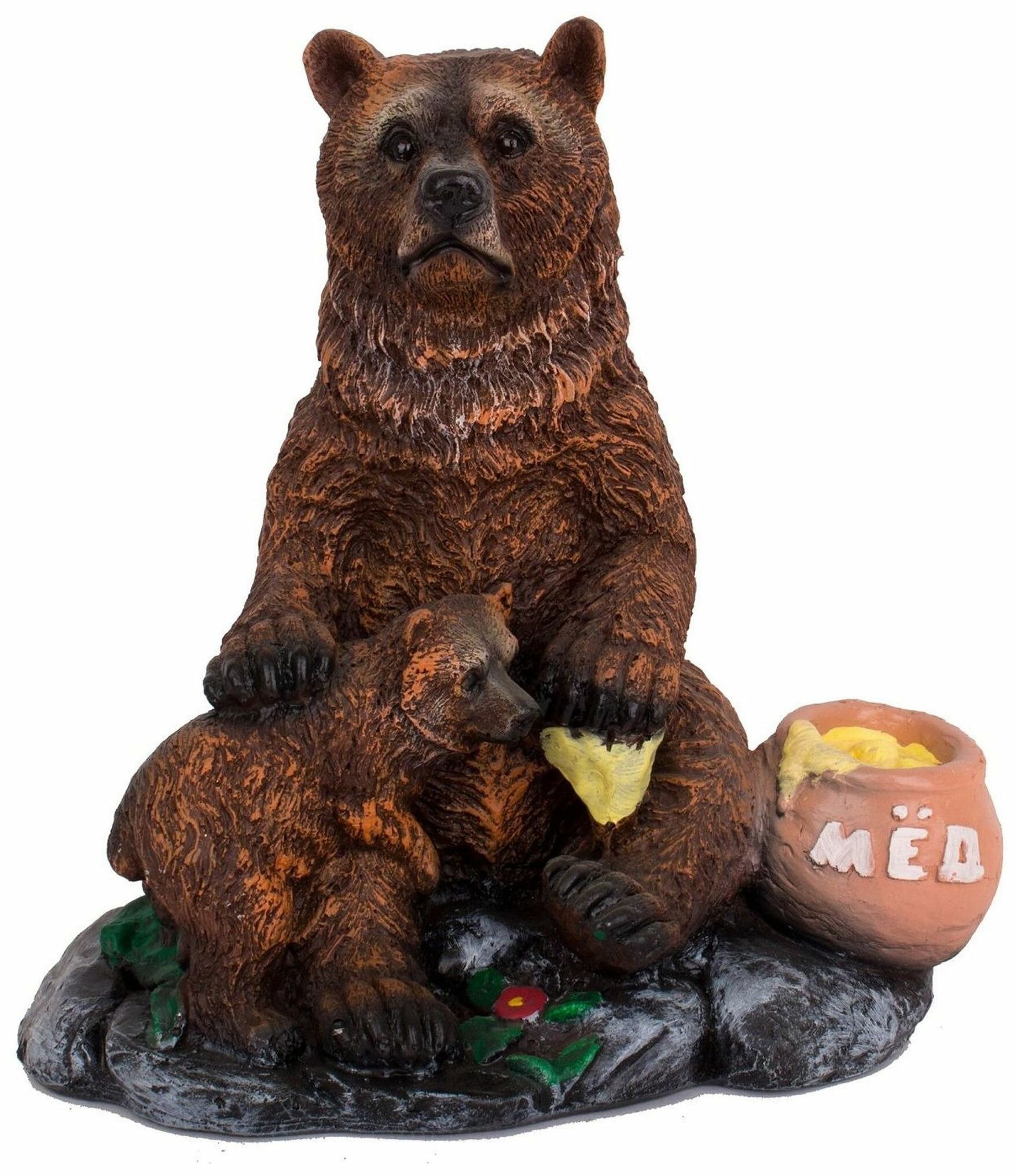 Фигура садовая Медведь с медвежонком у бочки меда 20х29х30 см