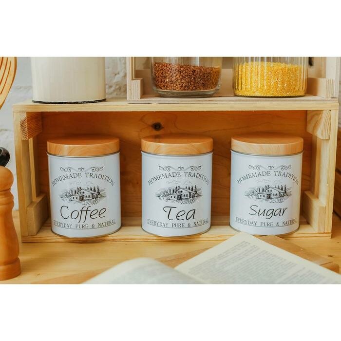 Набор банок для сыпучих продуктов Sugar.Coffee.Tea, 10,5×14 см, 3 шт, цвет белый - фотография № 3