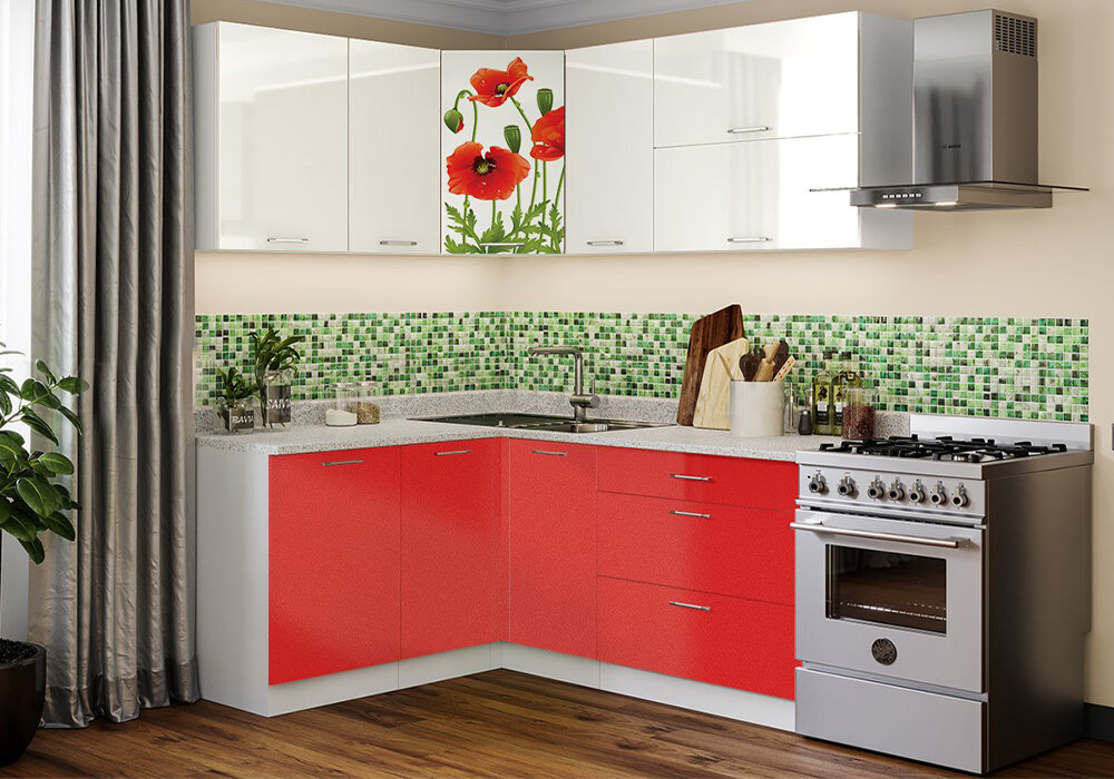 Кухонный гарнитур Миф Маки красные угловая 1.5 на 1.8 м белый глянец / красный металлик хх см