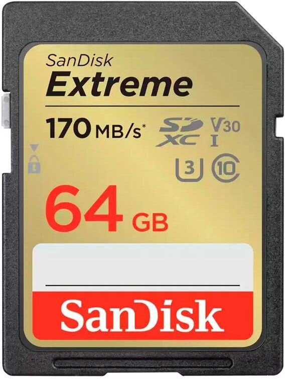 Карта памяти SanDisk SDXC Extreme Class 10 UHS-I V30 U3 (170/80MB/s) 64GB