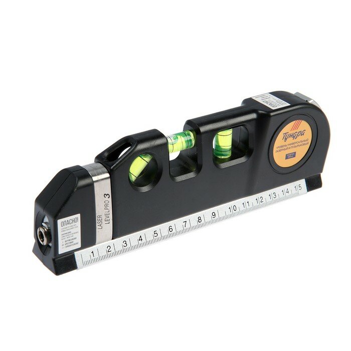 фото Уровень универсальный 4 в 1 тундра, лазерный, пузырьковый, рулетка 2.5 м, линейка 150 мм