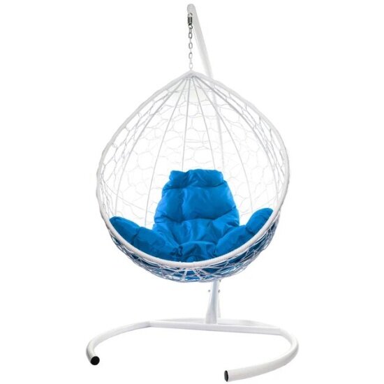 Подвесное кресло кокон M-GROUP Капля с ротангом белое+синяя подушка