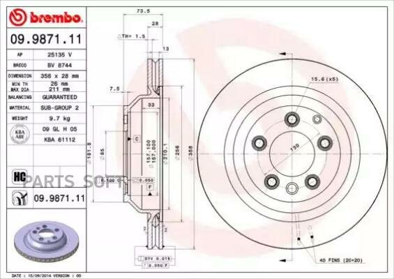 Тормозной диск задний brembo 09.9871.11 для Audi Q7 Volkswagen Touareg Porsche Cayenne