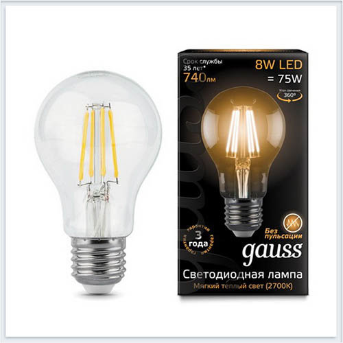 Gauss Лампа светодиодная E27 8W 3000K Филамент A60 Gauss 102802108