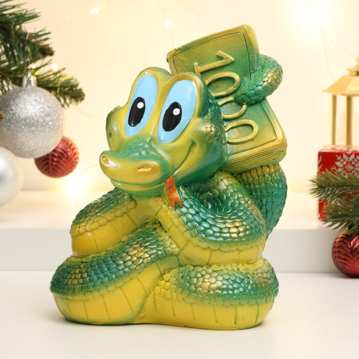 фото Копилка "Змея с пачкой денег" зеленая, 20см