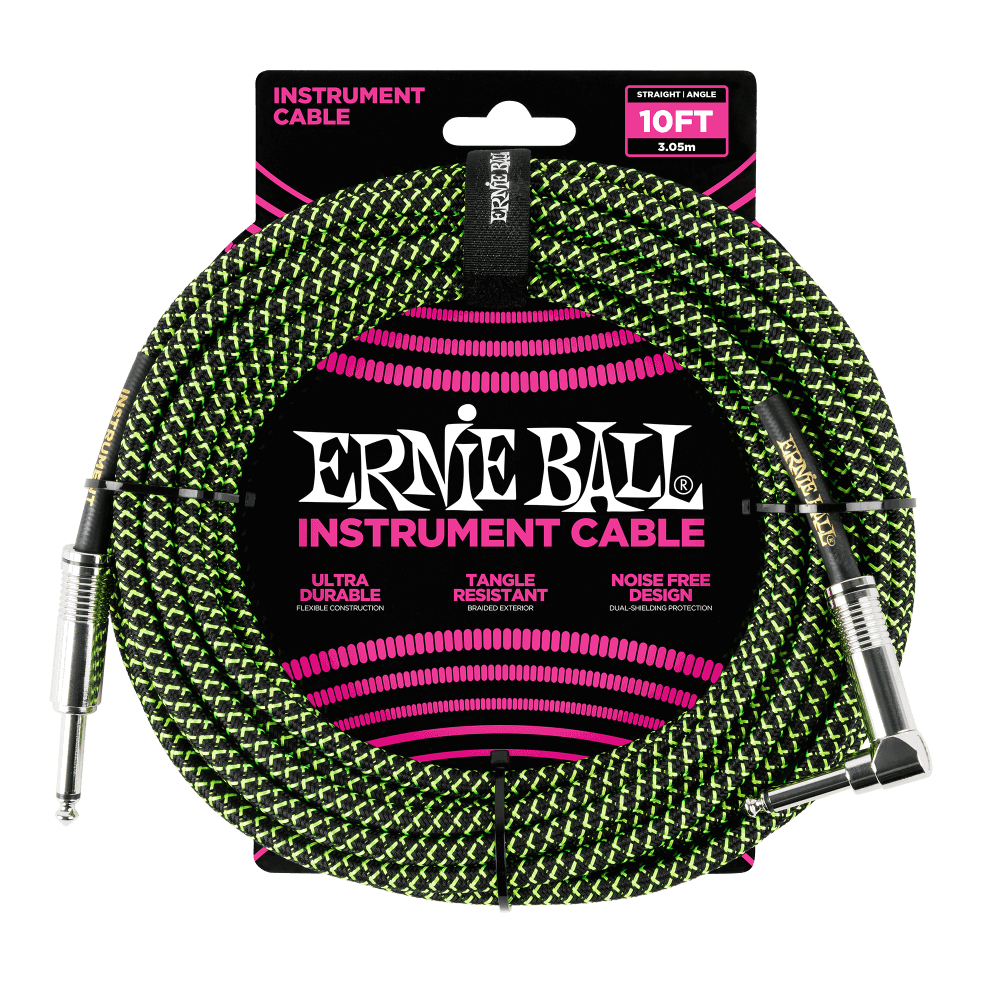 Ernie Ball 6077 кабель инструментальный, оплетёный, 3,05 м, прямой/угловой джеки, чёрно-зелёный