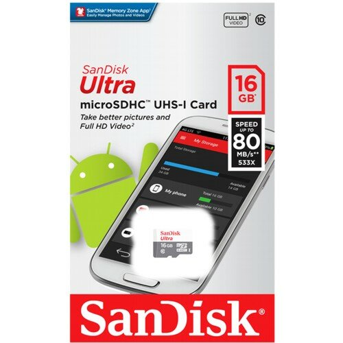 Карта памяти microSDHC SanDisk SDSQUNS-016G-GN3MN 16 Гб класс 10 Ultra UHS-I 80 Мб/с