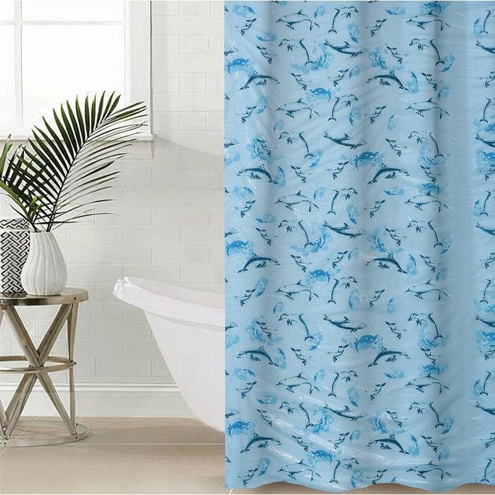 Штора для ванной «Дельфины», 180×180 см, полиэтилен, цвет голубой - фотография № 1