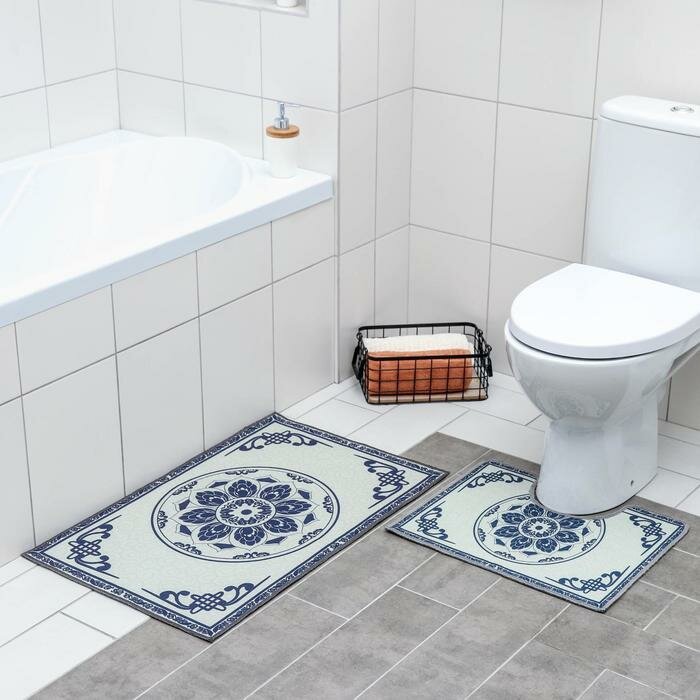 Доляна Набор ковриков для ванной и туалета Доляна «Адиса», 2 шт: 50×78 см, 40×50 см, цвет синий - фотография № 1
