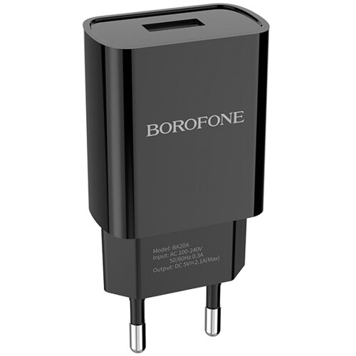 Сетевой адаптер питания Borofone BA20A Sharp Black зарядка 2.1А 1 USB-порт, черный
