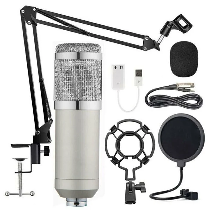 Конденсаторный студийный микрофон BM800 с подставкой и поп-фильтром Серебристый
