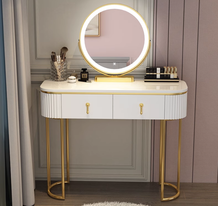 Современный туалетный столик с мраморной столешницей и зеркалом, белый, без тумбы (80 см столик + зеркало + табурет) - фотография № 11