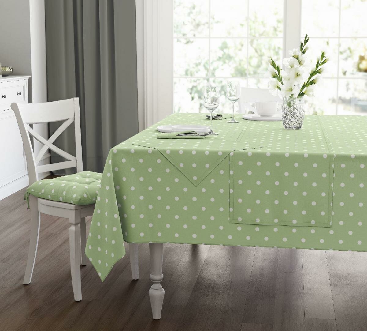 Скатерти ЗефирТекс Скатерть Green polka dot, горох, зеленый (140х150 см,)