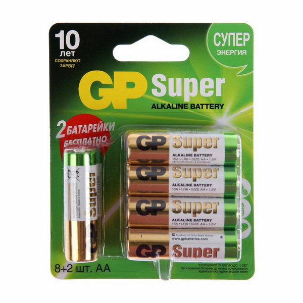 GP Батарейка алкалиновая GP Super AA LR6-10BL 1.5В 8+2 шт.