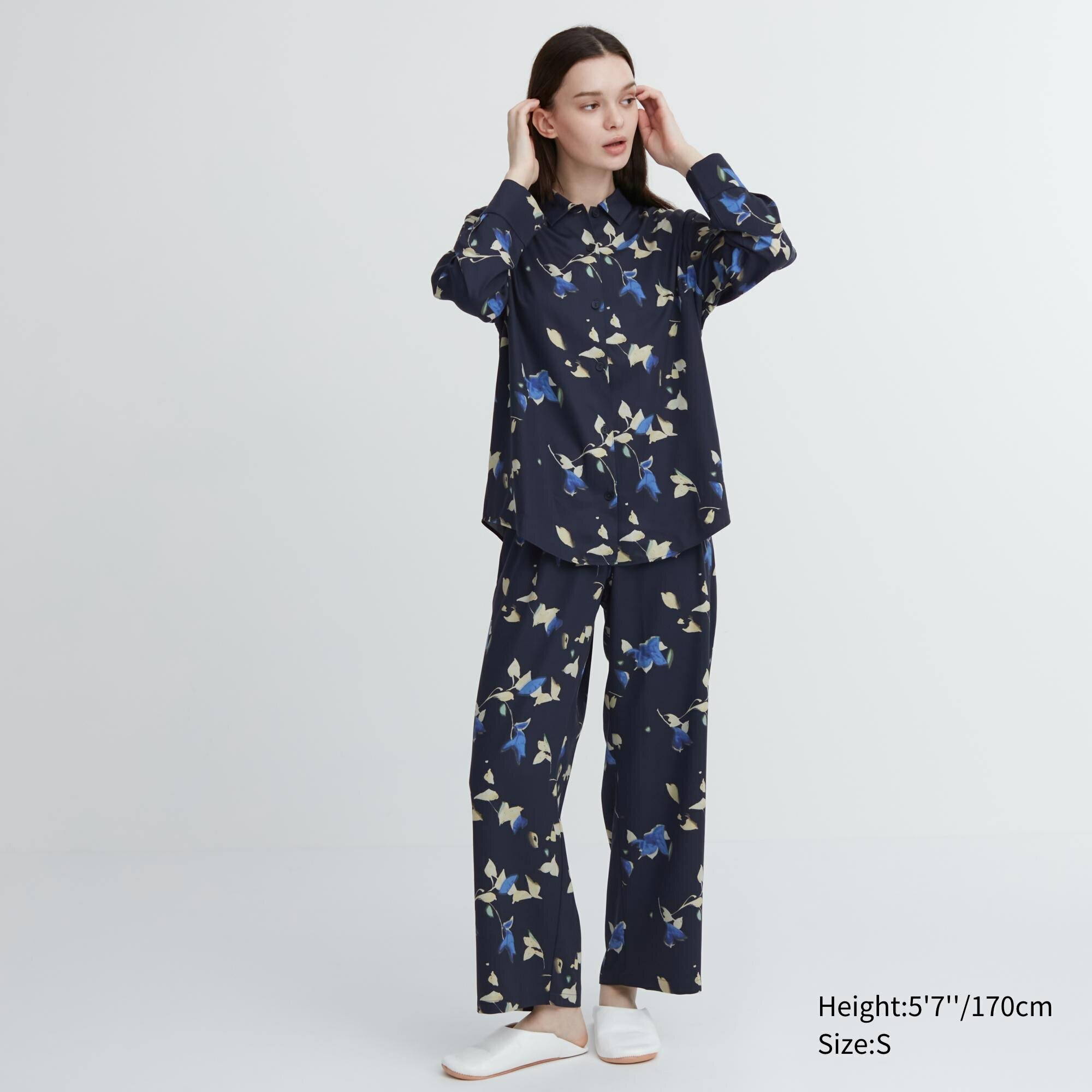 Узорчатая атласная пижама с длинными рукавами, темно-синий, S - фотография № 1