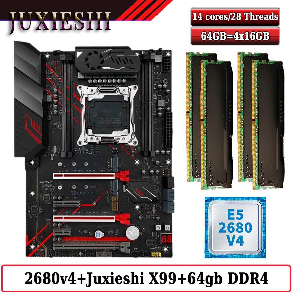 Комплект материнская плата Juxieshi X99-MR9A PRO + Xeon 2680V4 + 64GB DDR4 ECC 4x16GB Black