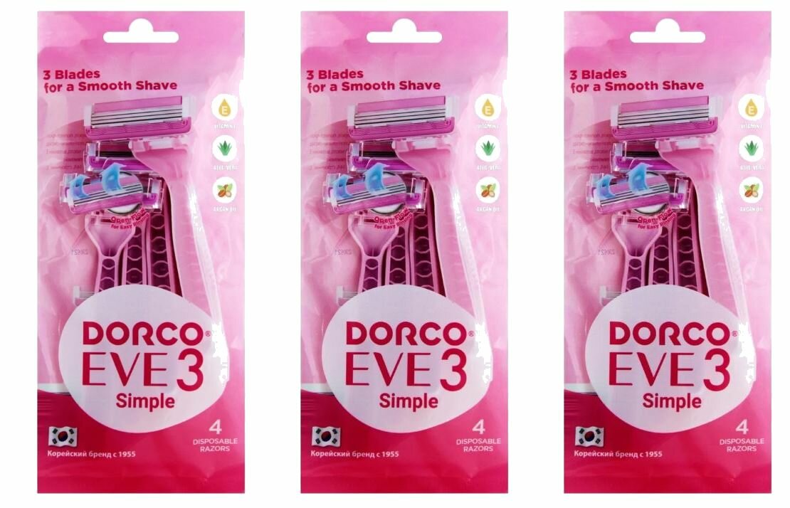 DORCO Станки одноразовые женские Eve, с увлажняющей полоской, с плавающей головкой, 3 лезвия, 4 шт, 3 уп
