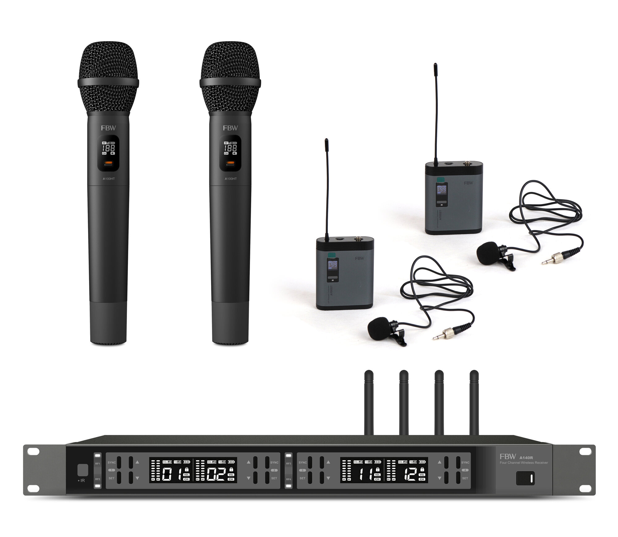 FBW A4-22MIX четырёхканальная радиосистема A140R+2xA100BT+2x100HT 512-562МГц FM-модуляция 2/10/30мВт 3 уровня Squelch индикация батареи 50Гц-15