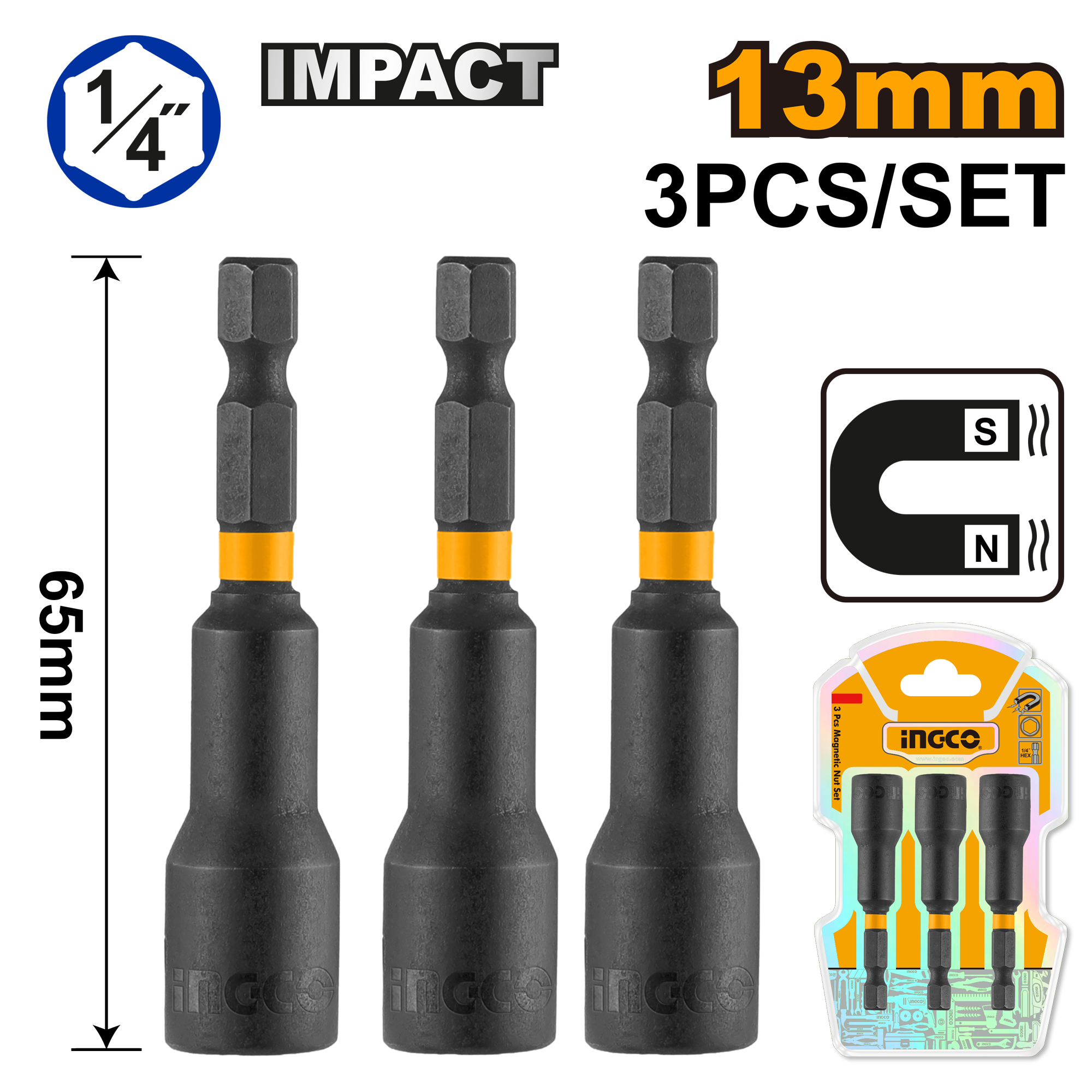 фото Набор магнитных торцевых головок INGCO AMN1331 1/4" 13х65 мм 3 шт.