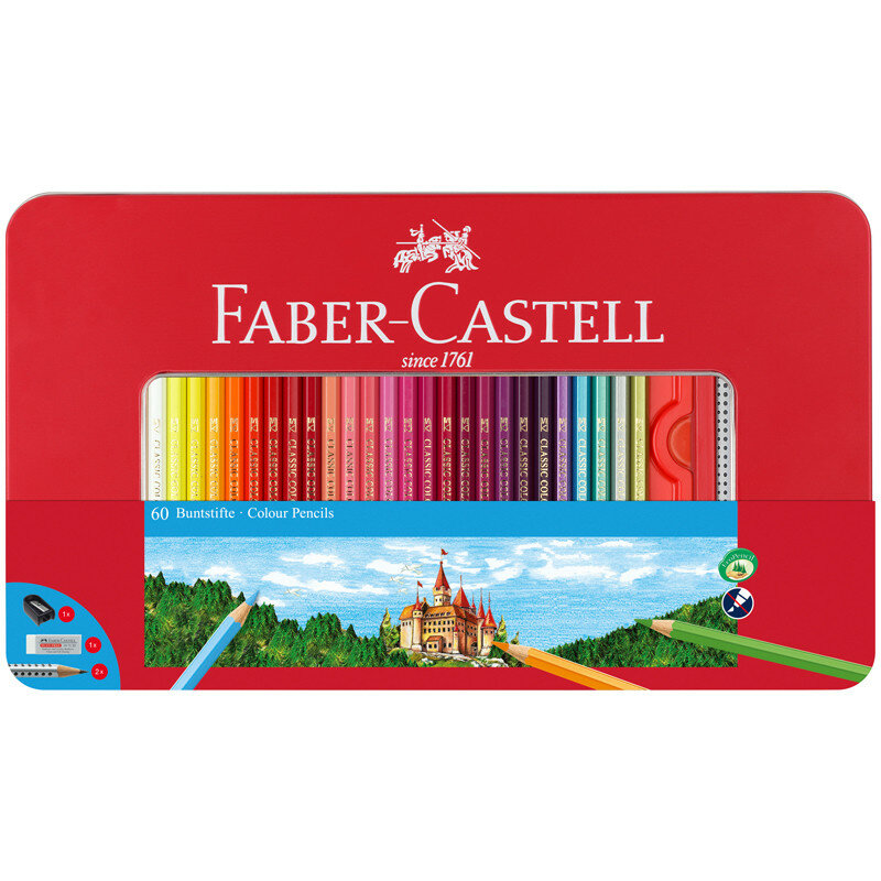 Карандаши цветные Faber-Castell "Замок", 60цв., шестигр., заточ.+2ч/г кар. Grip+ластик+точилка, метал. коробка, 286239