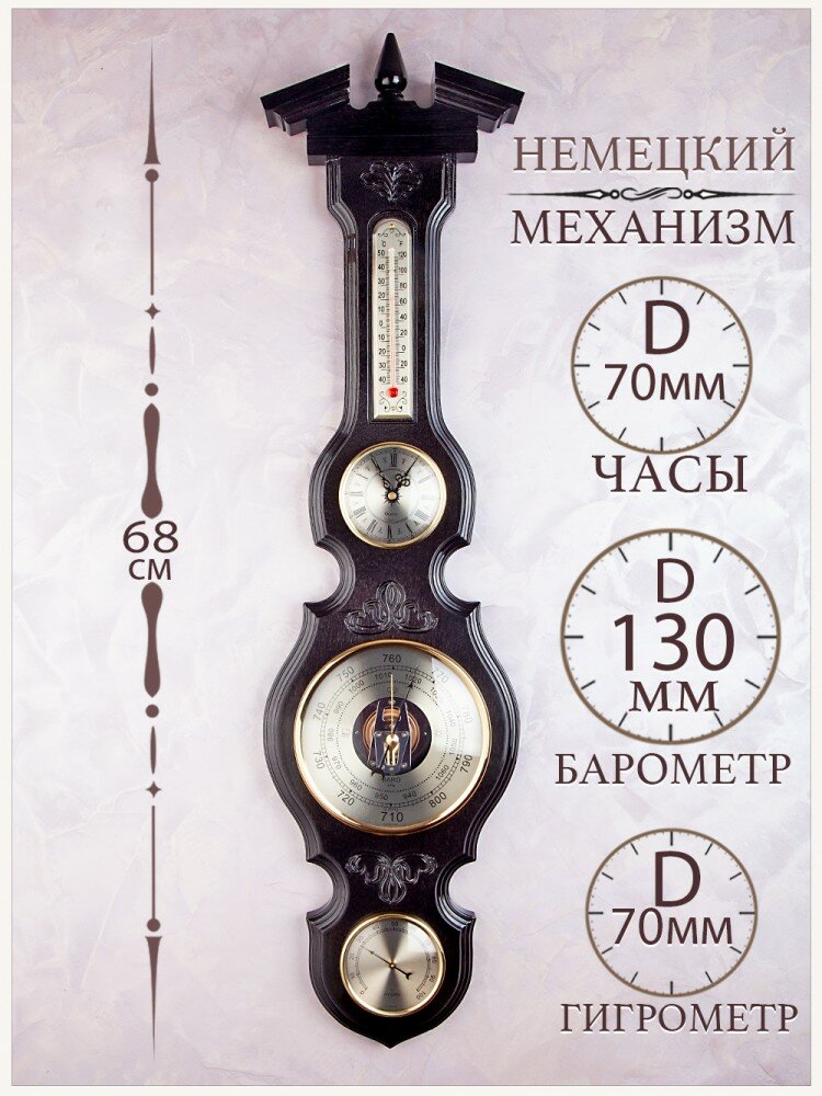 Метеостанция с барометром 4 в 1 (барометр гигрометр часы термометр) Бриг Плюс "Паскаль" (черный лак)