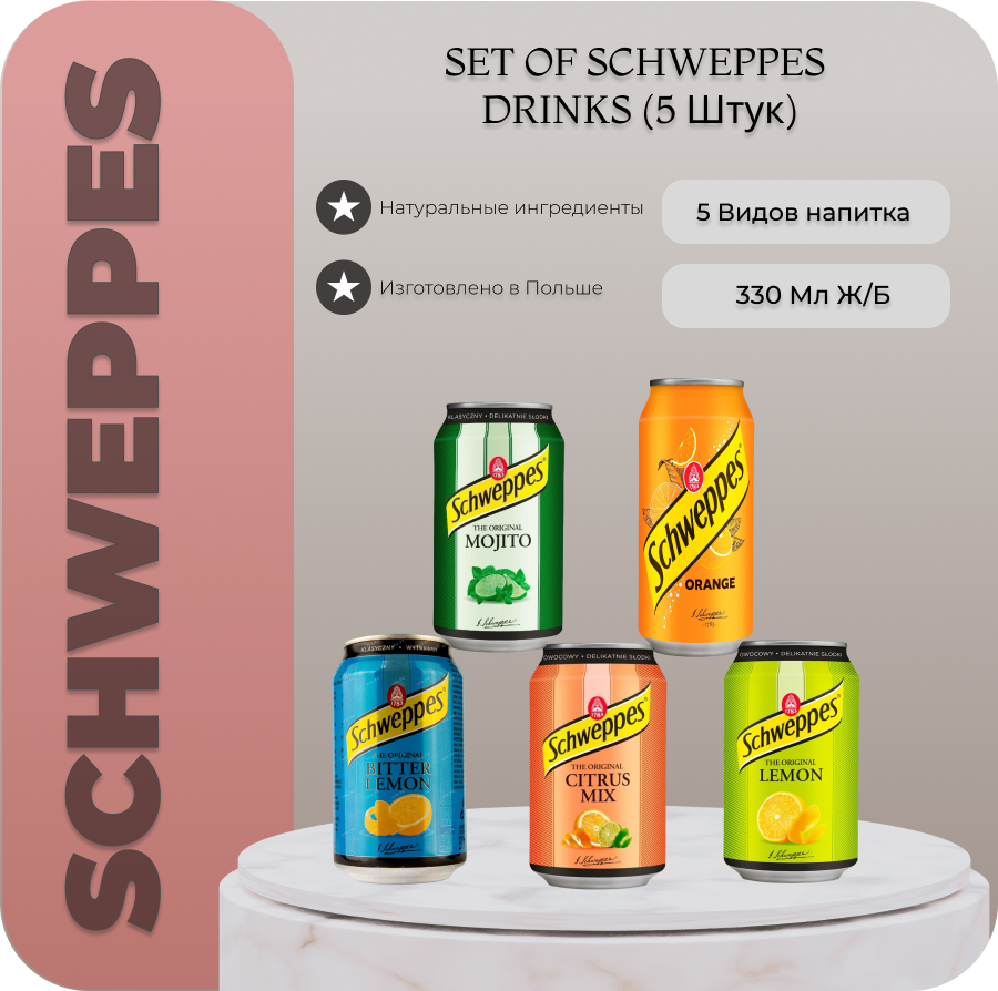 Набор газированных напитков Schweppes (Все вкусы) 5 банок по 330 мл.