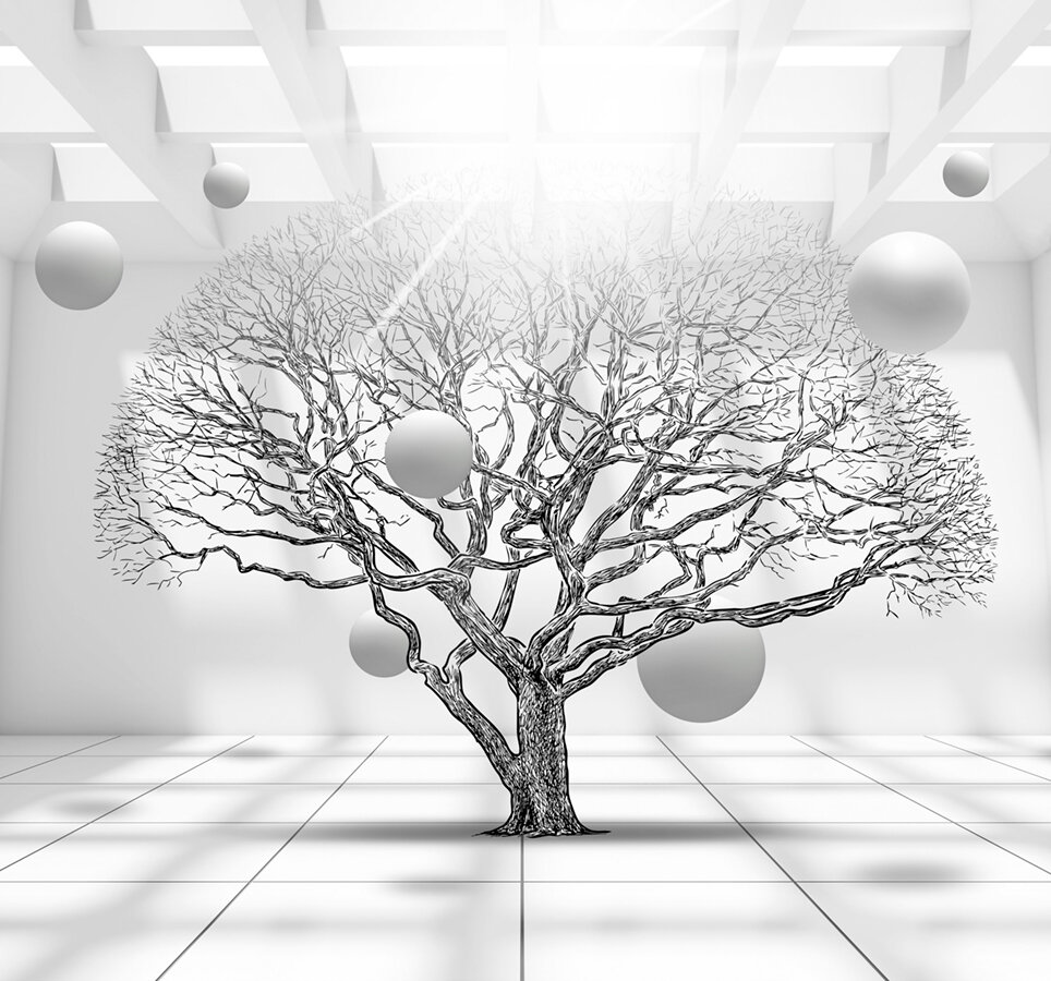 Моющиеся виниловые фотообои GrandPiK Дерево в лучах солнца и 3D сферы черно-белое 300х280 см