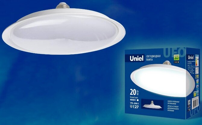 LED-U165-20W/3000K/E27/FR PLU01WH Лампа светодиодная. Форма «UFO» матовая. Теплый белый свет (3000K). Картон. ТМ Uniel