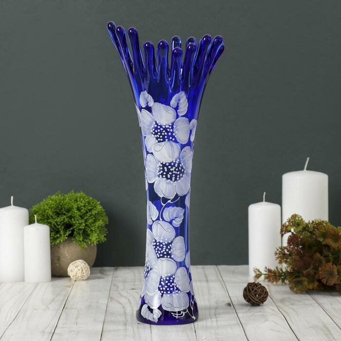 фото Ваза "Коралл" h 380 мм. из синего стекла (ручная роспись) рис. № 9 (Бел.)