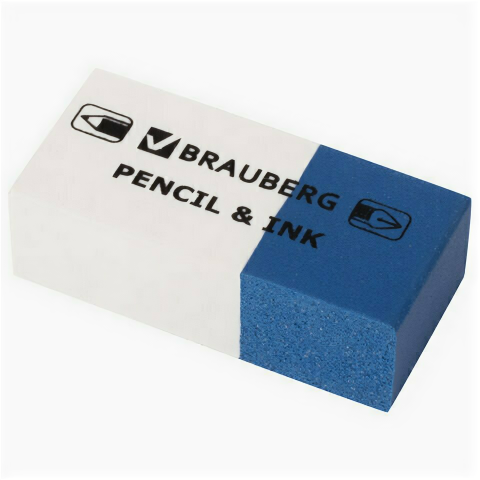 Ластик BRAUBERG "PENCIL & INK", 39х18х12 мм, для ручки и карандаша, бело-синий, 229578 (арт. 229578)
