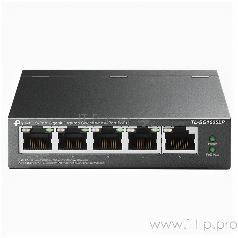 Коммутатор 5-Port Gigabit Unmanaged Switch with 4-Port PoE+, metal case, desktop mount, PoE budget 4 .