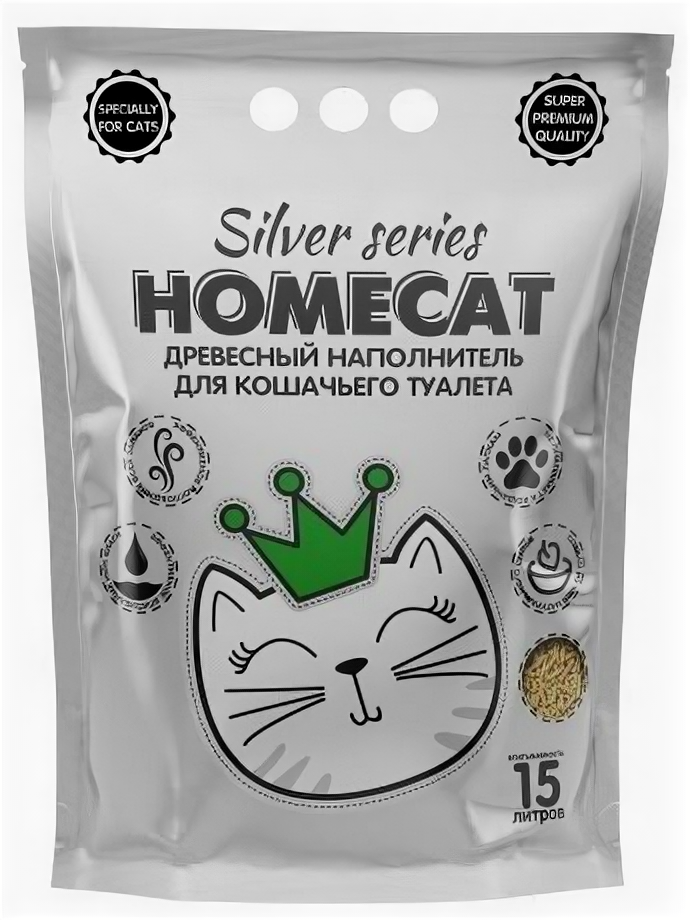 HOMECAT SILVER SERIES 15 л 3 кг древесный наполнитель премиум для кошачьих туалетов 1х 4 2210074, шт (2 шт)