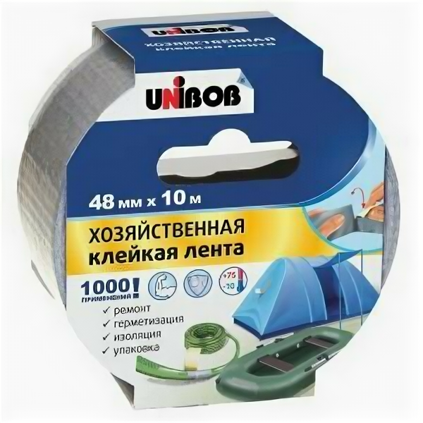 Клейкая лента армированная для хозяйственных работ Unibob серая 48 мм х 10 м толщина 170 мкм 854631