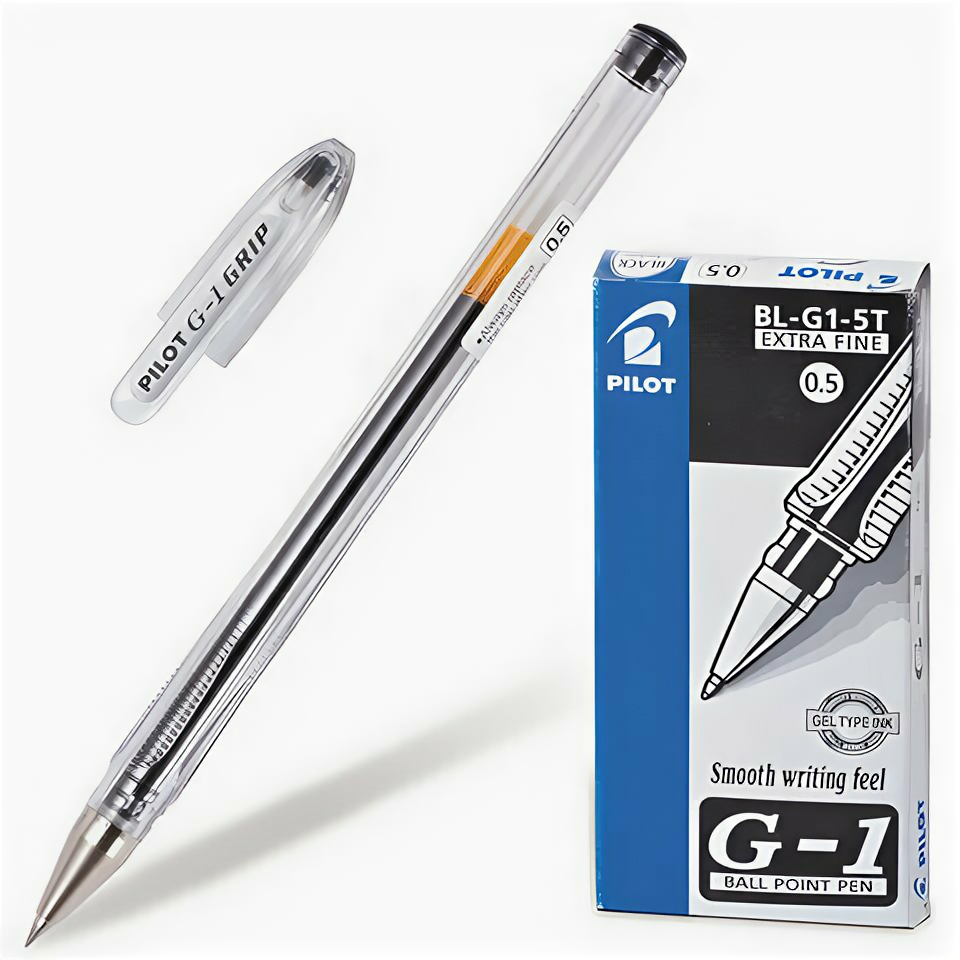 Ручка гелевая PILOT "G-1", черная, корпус прозрачный, узел 0,5 мм, линия письма 0,3 мм, BL-G1-5T