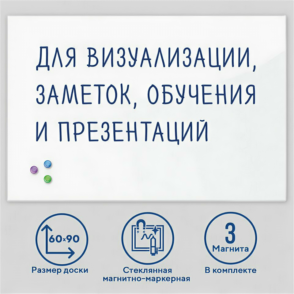 Доска магнитно-маркерная стеклянная 60х90 см, 3 магнита, БЕЛАЯ, BRAUBERG, 236747