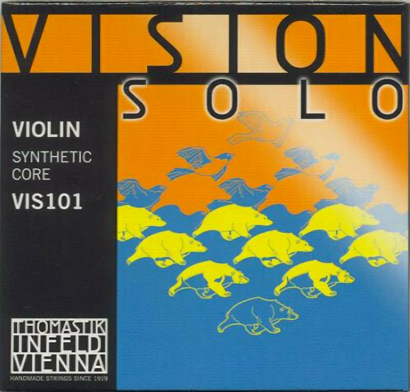 Violin string set Thomastik Vision Solo VIS101 - Synthetic-based strings with intense projection and focused harmonics. Silver wound D, medium tension.